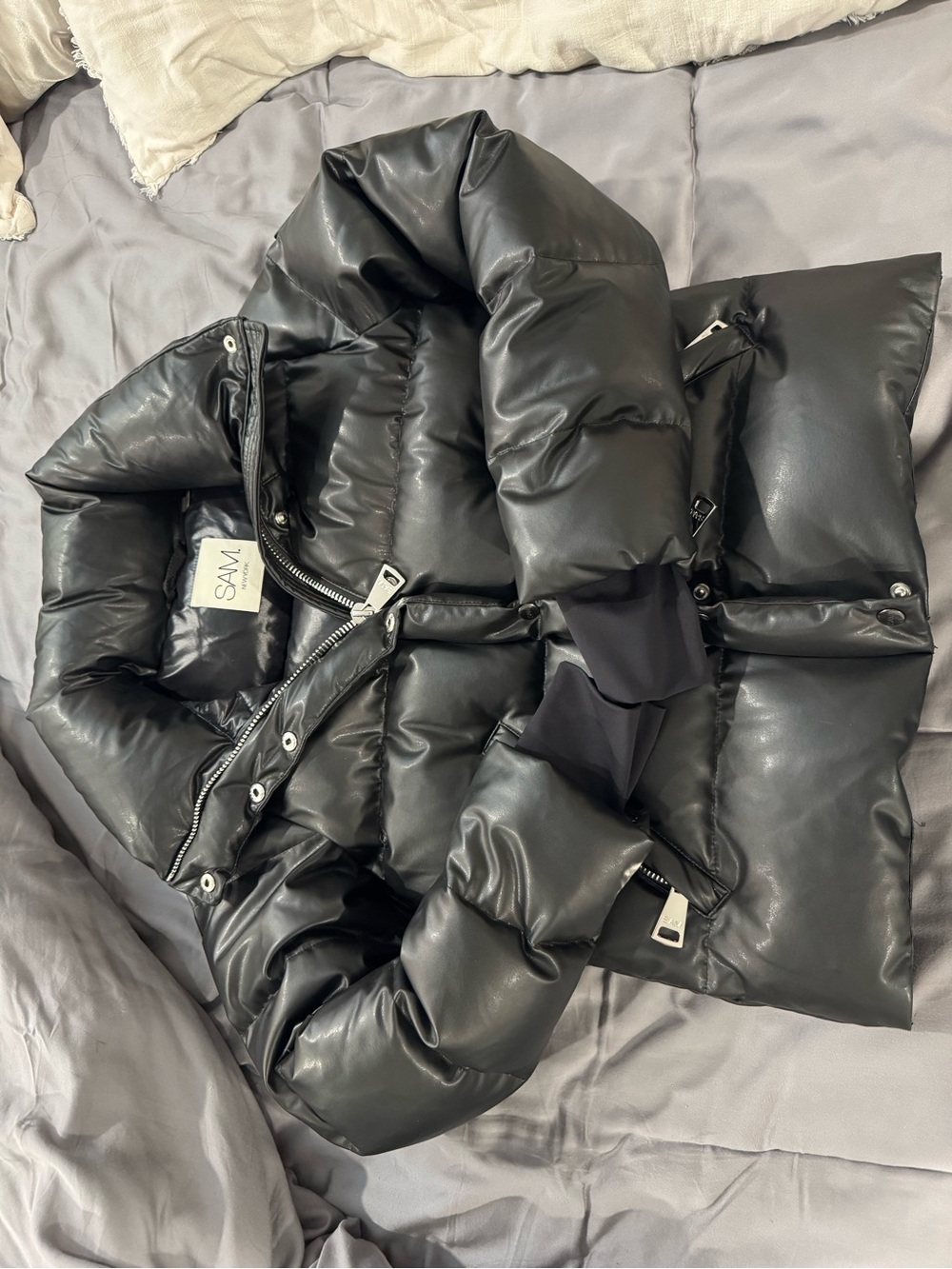 SAM. Black Quilted Vegan Leather Puffer Coat